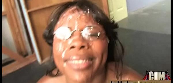  Ebony girlfriend takes huge loads of cum on her face 22